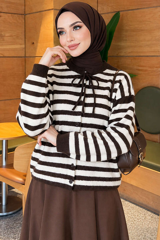 Heller Strickjacke Mit Horizontalen Streifen In Braun