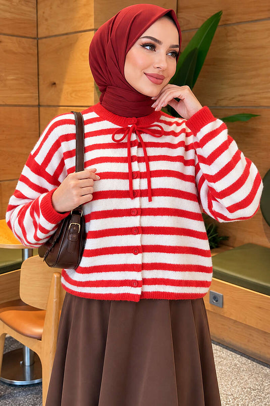 Roter Gestreifter Strickcardigan