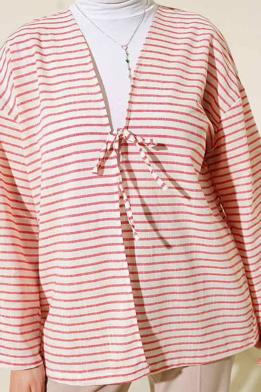 Yatay Çizili Bağcıklı Kimono Kırmızı