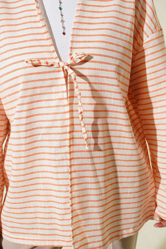 Yatay Çizili Bağcıklı Kimono Oranj