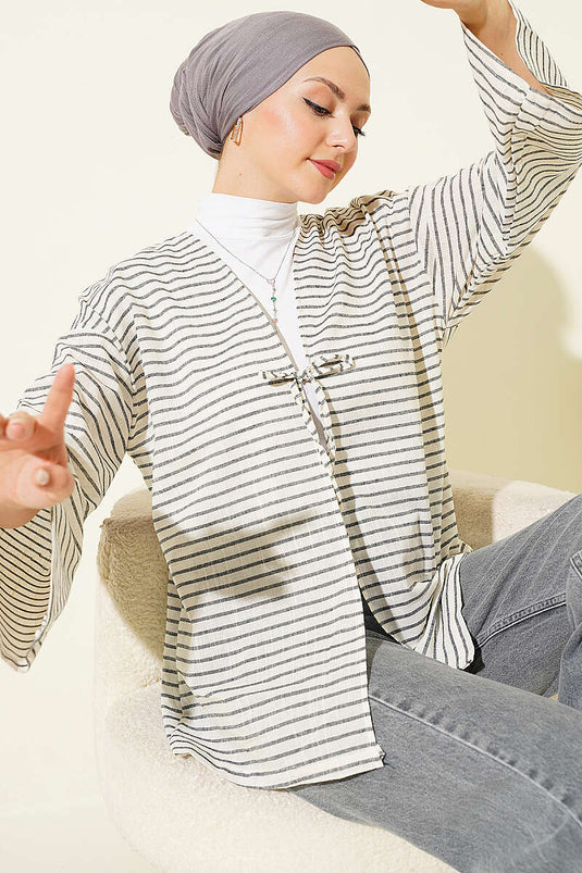 Yatay Çizili Bağcıklı Kimono Siyah