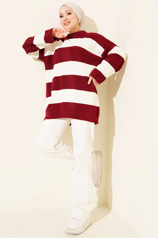 تونيك تريكو مخطط عريض أفقيًا باللون العنابي