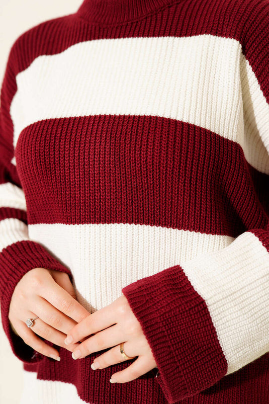 تونيك تريكو مخطط عريض أفقيًا باللون العنابي