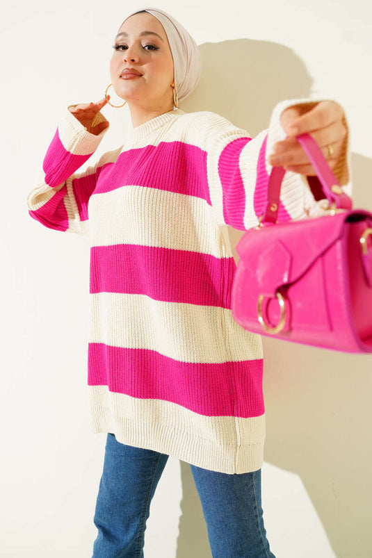 Tunique en tricot à larges rayures horizontales fuchsia