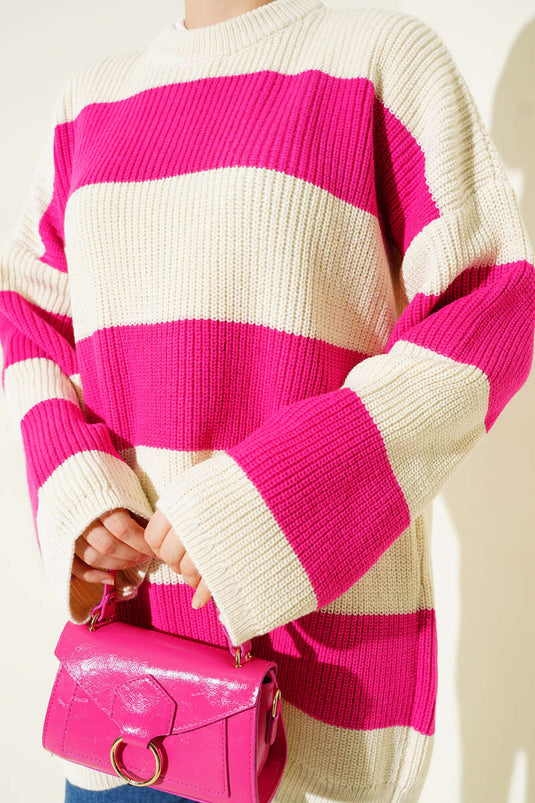 Tunique en tricot à larges rayures horizontales fuchsia