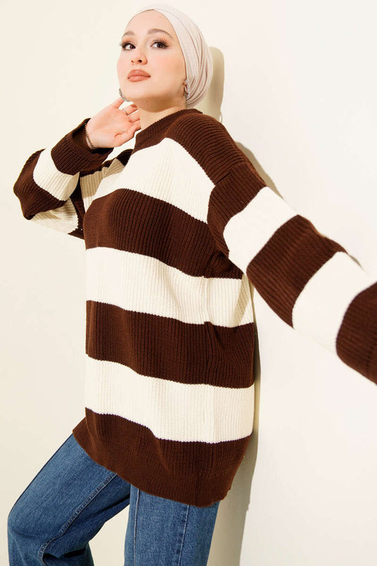 Yatay Kalın Çizgili Triko Tunik Kahve