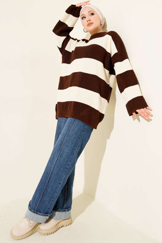 Yatay Kalın Çizgili Triko Tunik Kahve