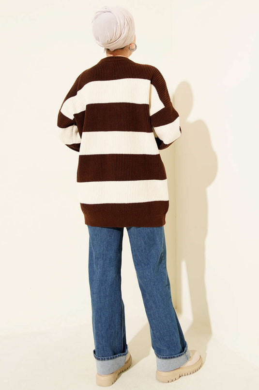 Yatay Kalın Çizgili Triko Tunik Kahve