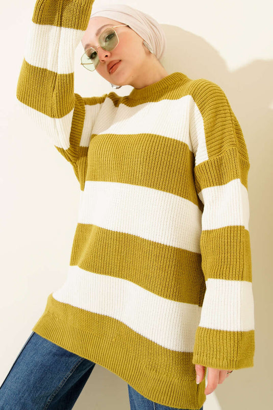 Yatay Kalın Çizgili Triko Tunik Yağ Yeşili