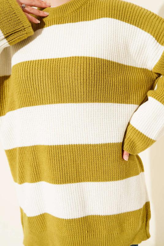 Yatay Kalın Çizgili Triko Tunik Yağ Yeşili