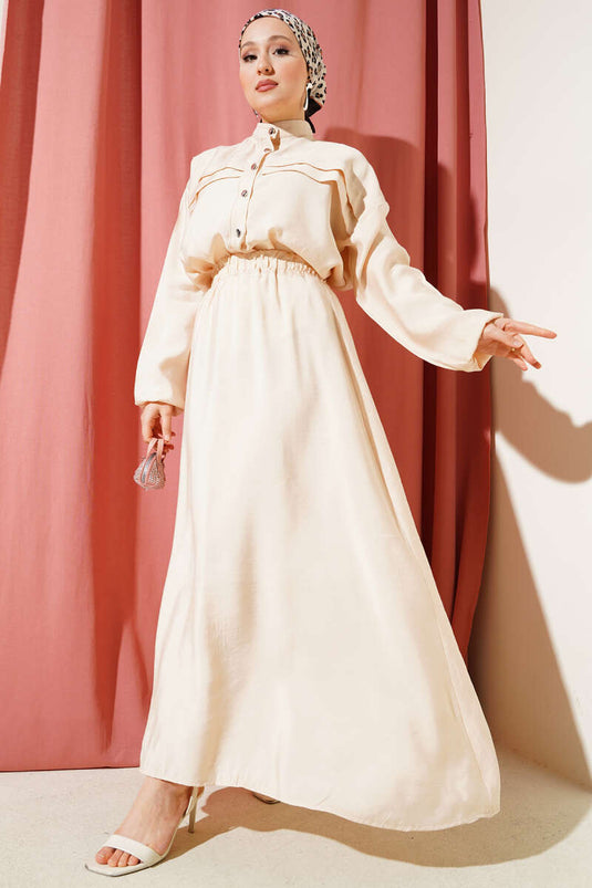 Yatay Pile Detaylı Etekli İkili Takım Bej