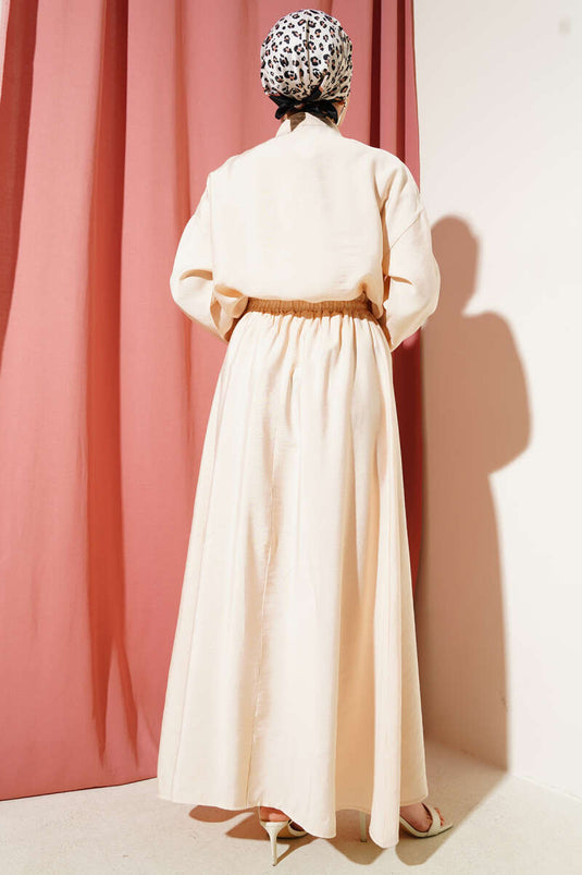 Yatay Pile Detaylı Etekli İkili Takım Bej