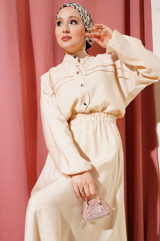 Yatay Pile Detaylı Etekli İkili Takım Bej