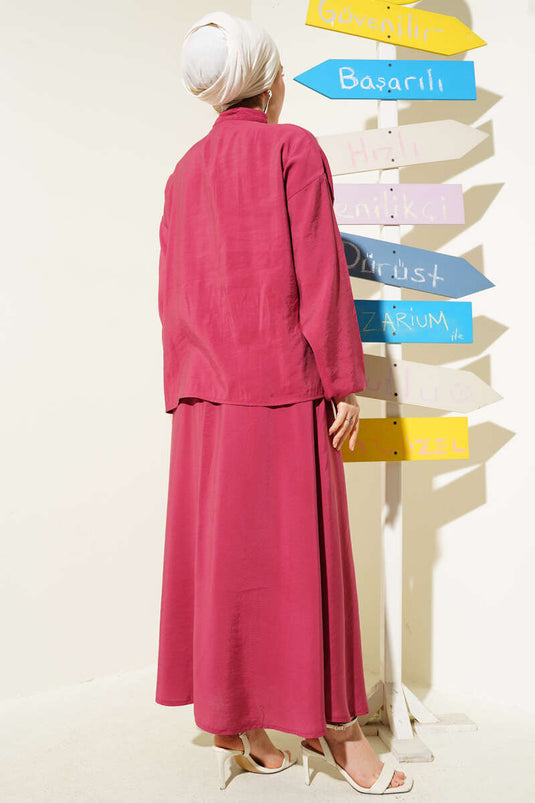 Yatay Pile Detaylı Etekli İkili Takım Burgonya