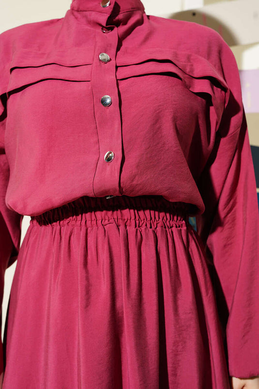 Yatay Pile Detaylı Etekli İkili Takım Burgonya