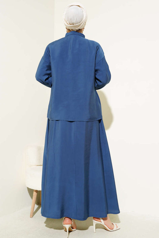 Yatay Pile Detaylı Etekli İkili Takım Lacivert