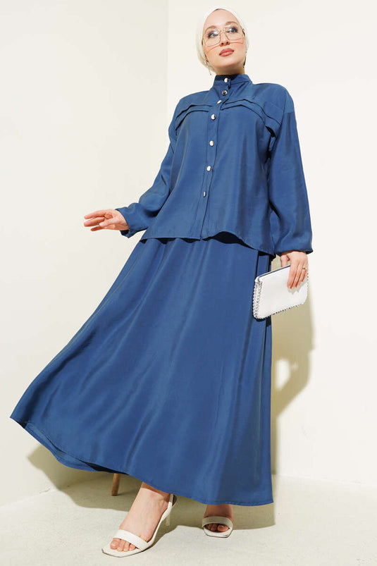 Yatay Pile Detaylı Etekli İkili Takım Lacivert