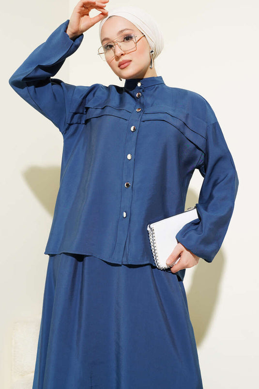 Yatay Pile Detaylı Etekli İkili Takım Lacivert