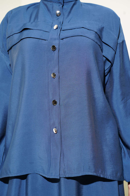 Yatay Pile Detaylı Etekli İkili Takım Lacivert