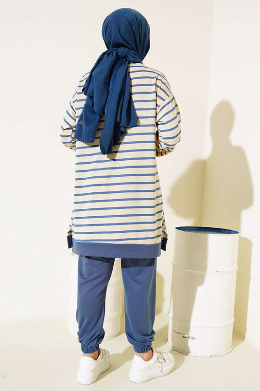 Horizontal Striped Two Yarn Suit Indigo