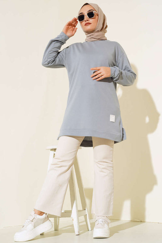 Tunique Brodée Imprimé Texte Gris