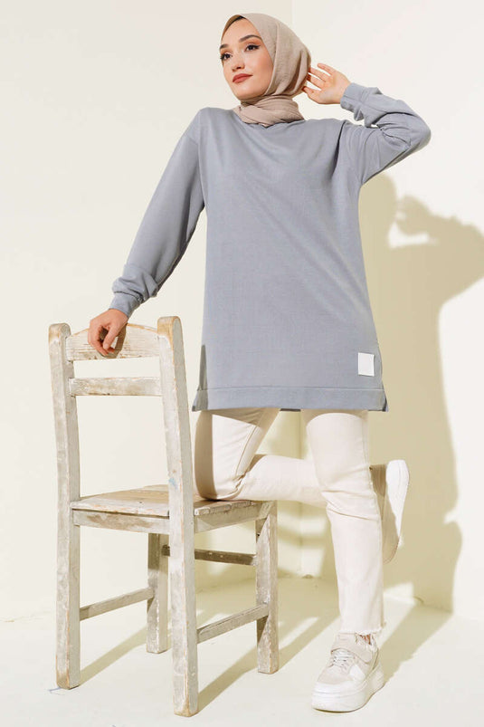 Tunique Brodée Imprimé Texte Gris