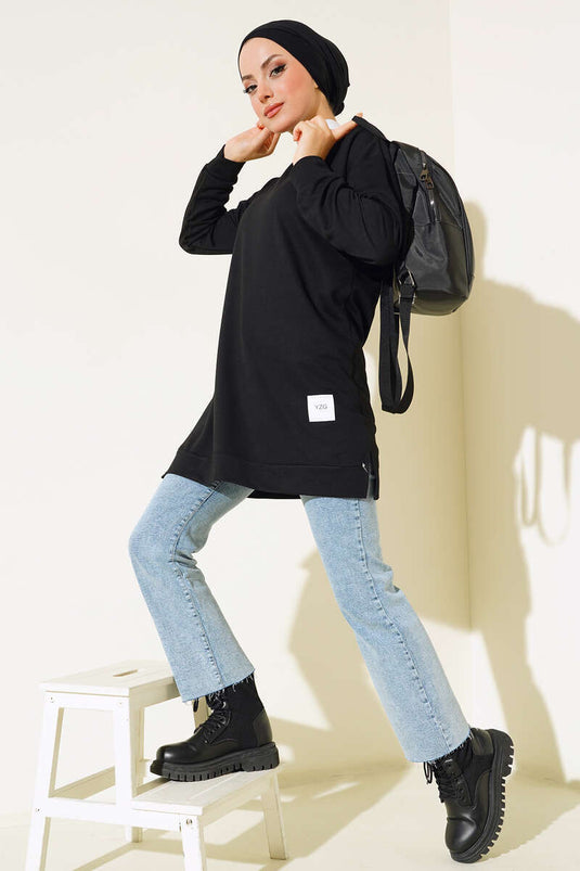 Tunique Brodée Imprimé Texte Noir