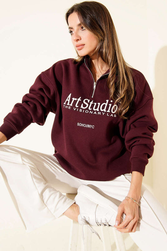 Embroidered Zip-Up Fleece Sweatshirt, Burgundy