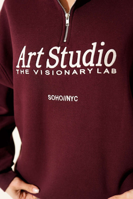 Sweat-shirt polaire zippé brodé, bordeaux