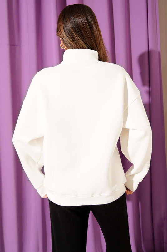 Embroidered Zip-Up Fleece Sweatshirt, Ecru