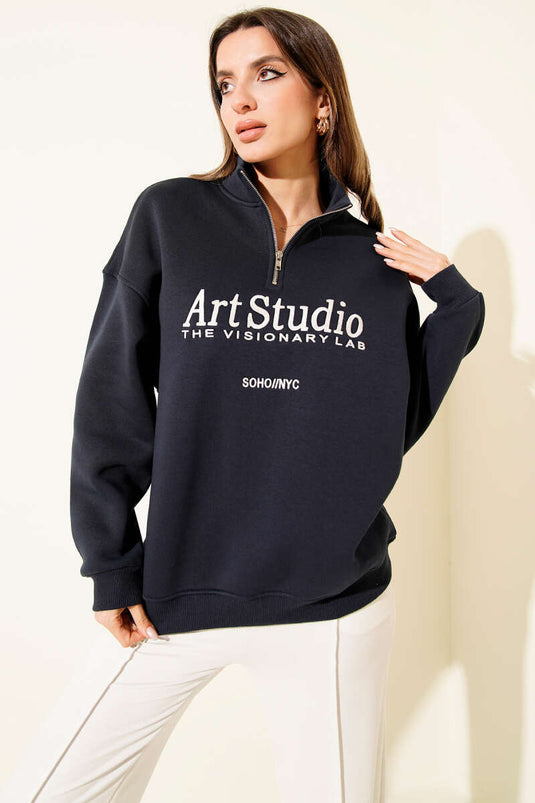 Navy Blue Zippered Sweatshirt with Embroidered Text and Brushed Fabric