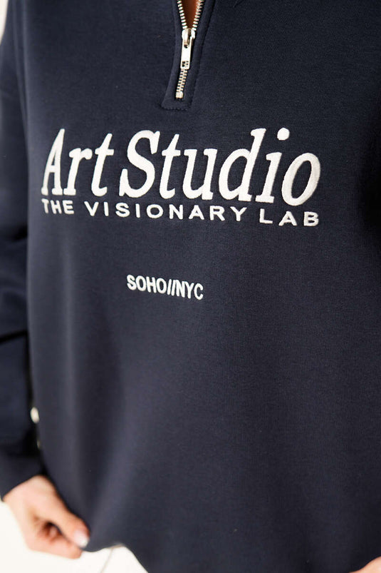Sweat-shirt bleu marine à fermeture éclair avec texte brodé et tissu brossé