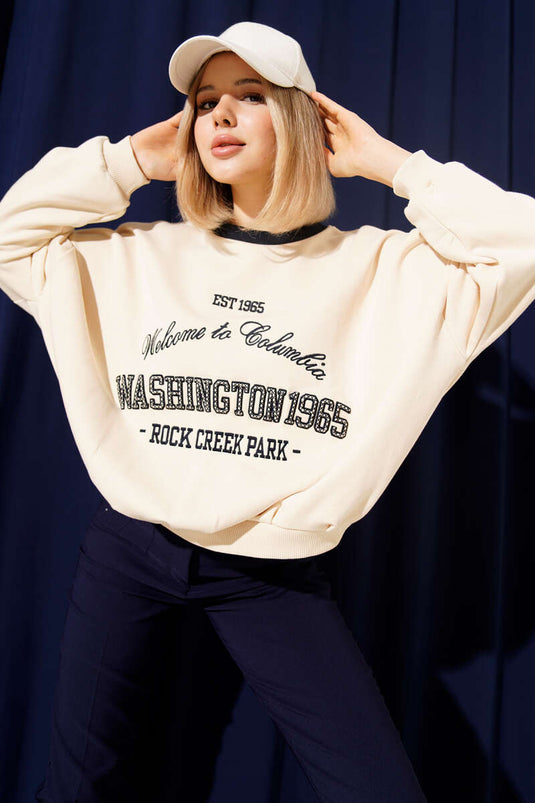 Sweat-shirt oversize beige avec broderie Yazı