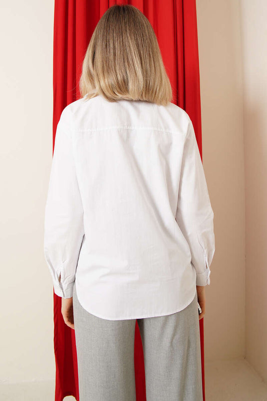 Yazı Nakışlı Tek Cepli Gömlek Beyaz