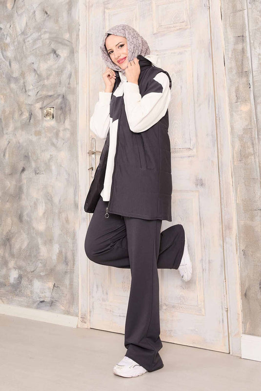 Yelek Sweat Pantolon Üçlü Takım Füme