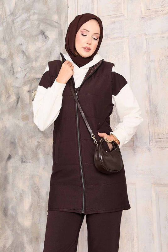 Yelek Sweat Pantolon Üçlü Takım Kahve