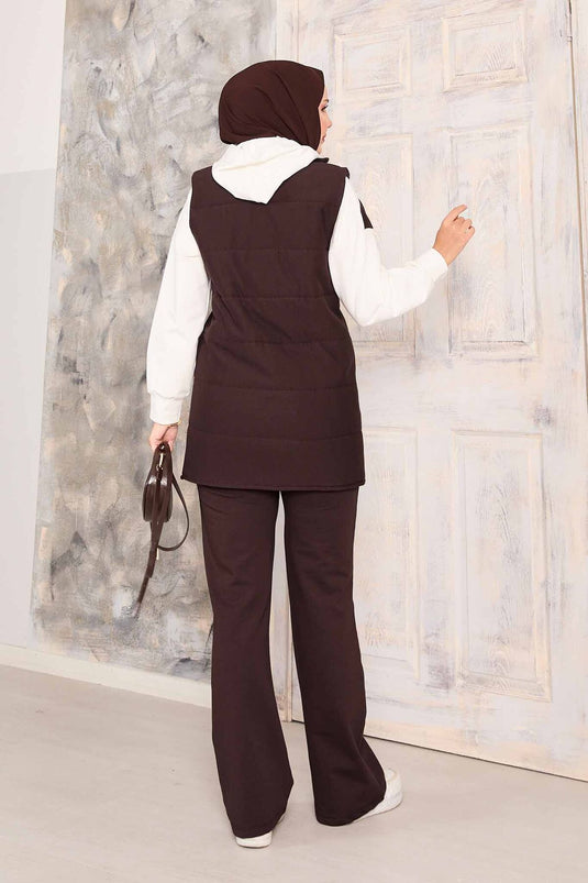 Yelek Sweat Pantolon Üçlü Takım Kahve