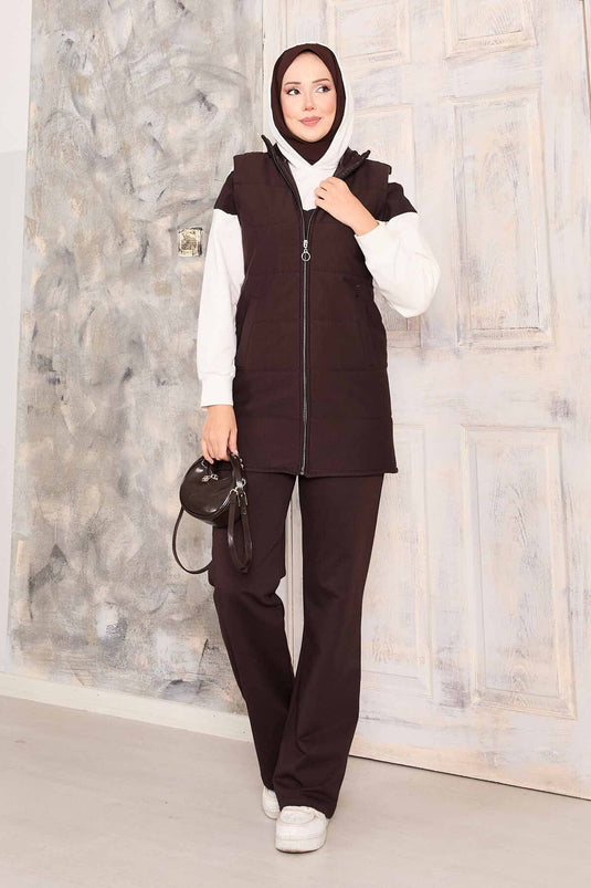 Yelek Sweat Pantolon Üçlü Takım Kahve