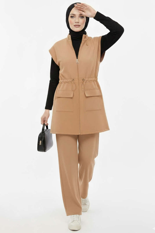 Camel Vested Waist Elastic Detailed Two Piece Suit