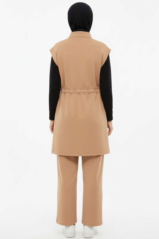 Camel Vested Waist Elastic Detailed Two Piece Suit