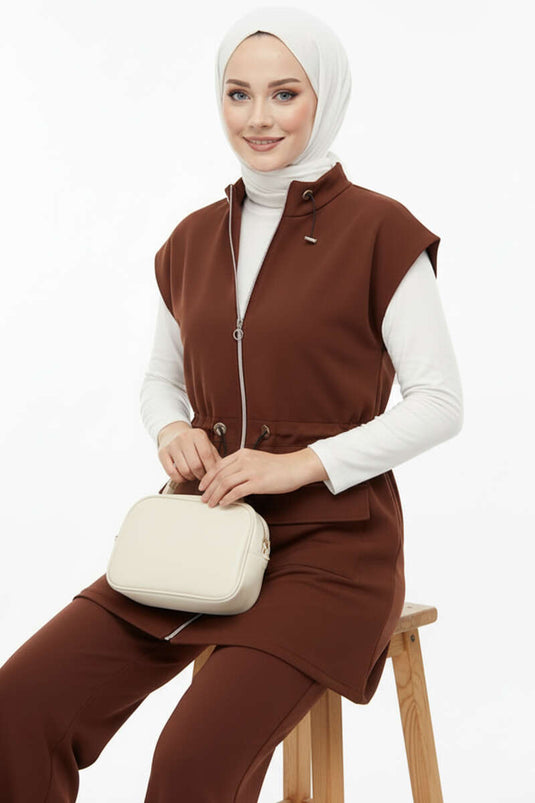 Yelekli Bel Lastik Detaylı İkili Takım Kahve