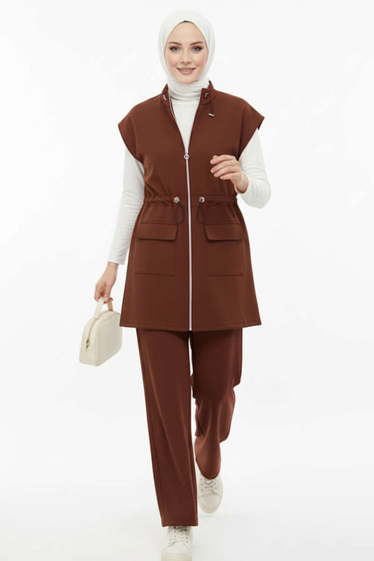Yelekli Bel Lastik Detaylı İkili Takım Kahve