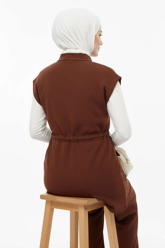 Yelekli Bel Lastik Detaylı İkili Takım Kahve