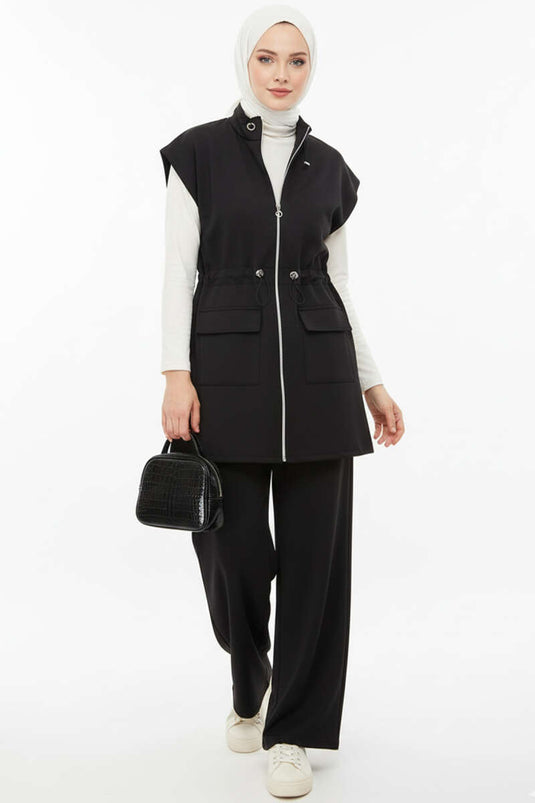 Yelekli Bel Lastik Detaylı İkili Takım Siyah