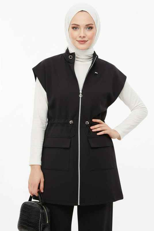 Yelekli Bel Lastik Detaylı İkili Takım Siyah