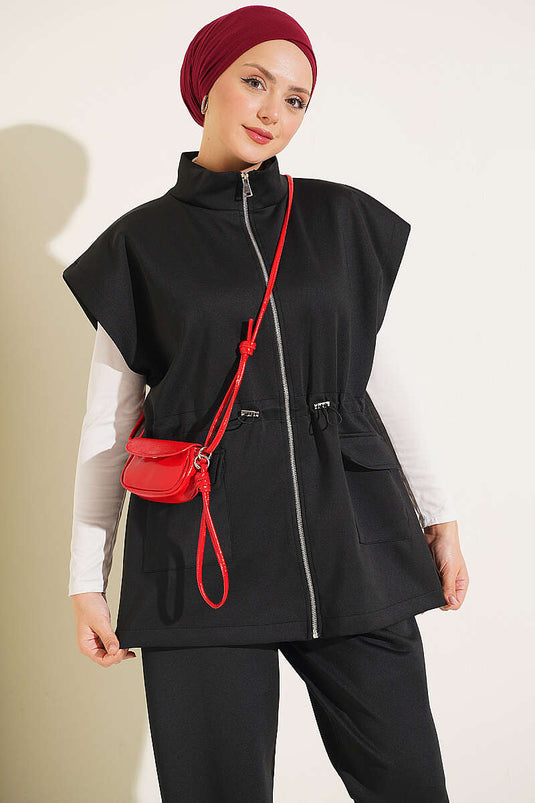 Conjunto De Túnica Y Chaleco Con Cinturón En Negro