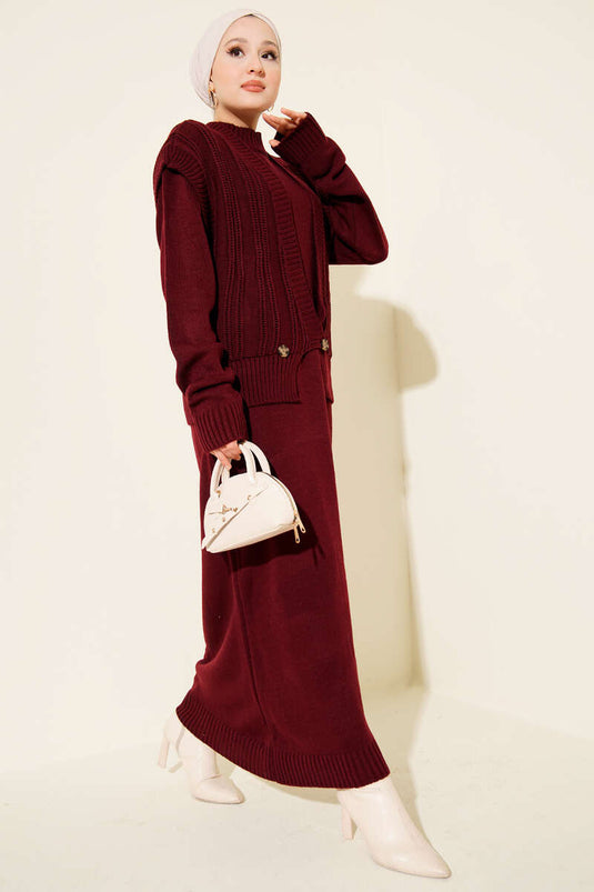 Vest and Dress Knitwear Two Piece Suit Burgundy