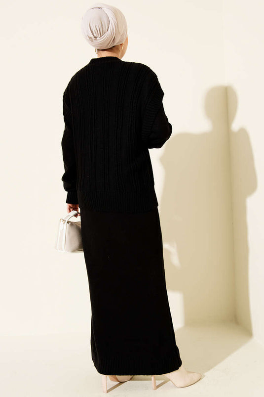 Traje de dos piezas de punto, chaleco y vestido, negro