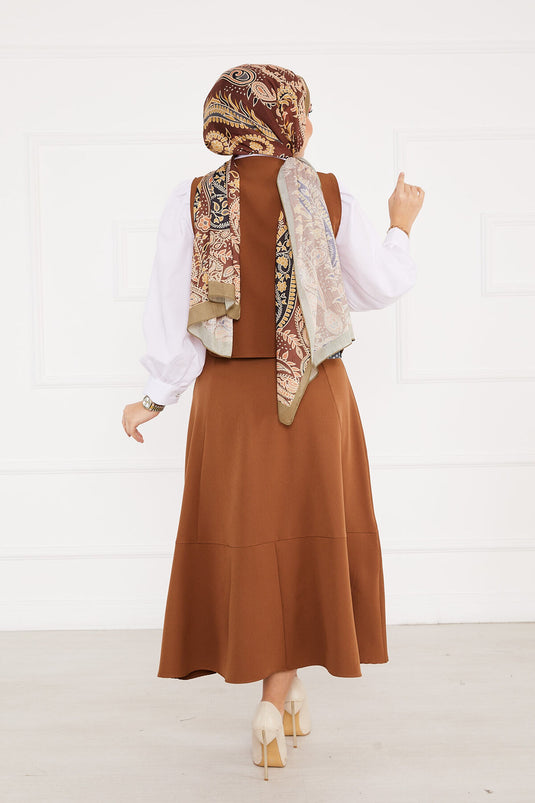 Yelekli Etek Tesettür Takım Kahve