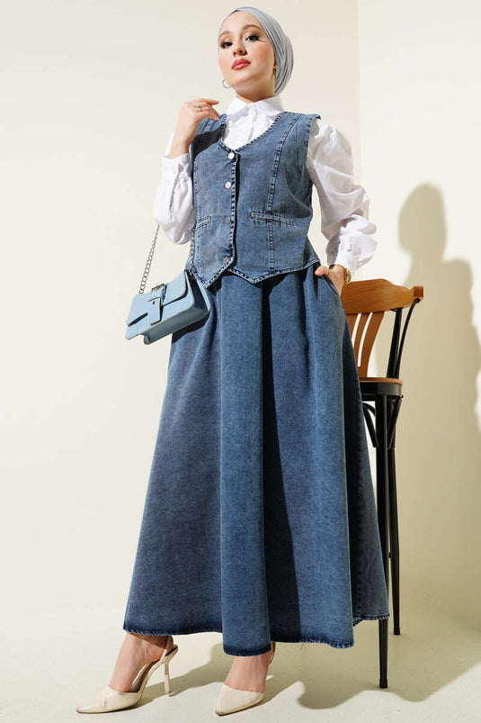 Vest and Skirt Denim Three-Piece Suit Denim Blue